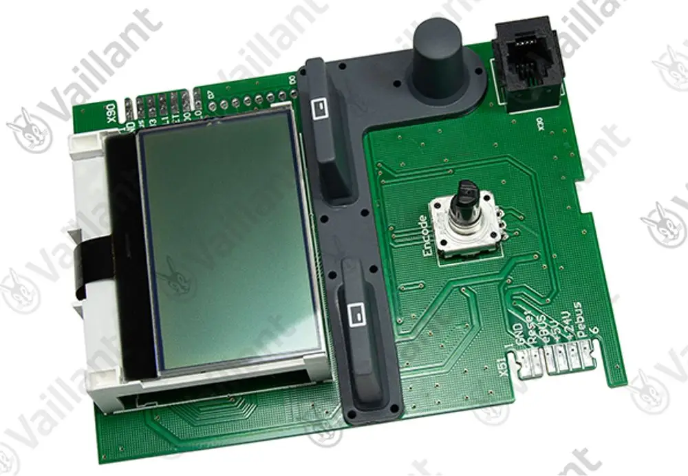 Schaltplatine mit Display und Bedienelementen, hergestellt von Vaillant. Sie zeigt Anschlüsse und einen Encoder zur Steuerung.
